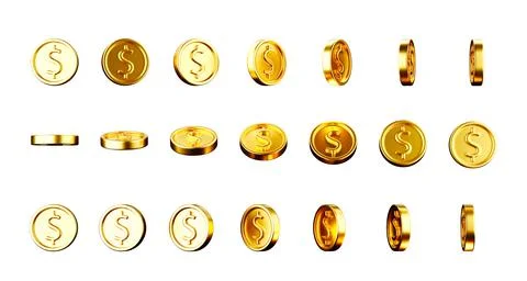 Set of golden dollar coins in different rotation views Stock Illustration