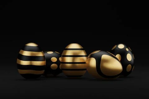 Set of golden easter egg on black background. Happy easter 3d render illustra Stock Illustration