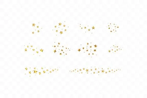 Set of golden falling stars. Cloud of golden stars isolated on transparent Stock Illustration