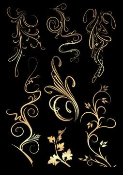 Set of golden floral elements on a black background for your design. Stock Illustration