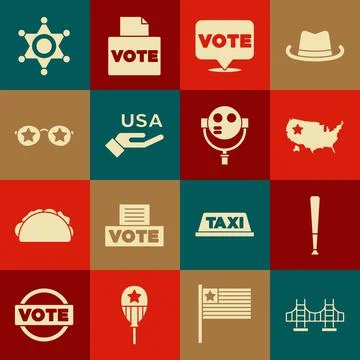 Set Golden gate bridge, Baseball bat, USA map, Vote, Independence day, Glasses Illustrazione stock