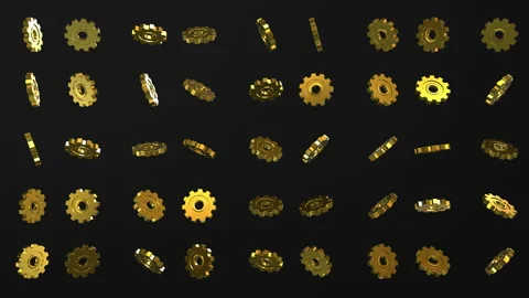 Set Golden Gears Wall engine gears wheels slowly rotating Front View Seamless Stock Footage 130989502