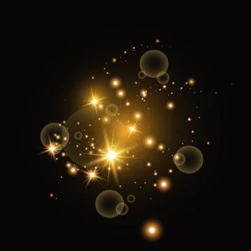 Set of golden glowing light effects isolated on a dark background. Glow light ef 스톡 일러스트