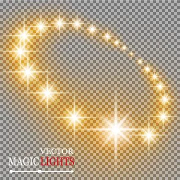 Set of golden glowing lights effects isolated on transparent background. Sun  Stock-Illustration