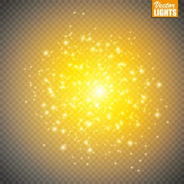 Set of golden glowing lights effects isolated on transparent background. Sun  Ilustración de archivo