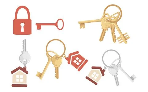 Set of golden key on ring with keychain house keys flat vector illustration on Stock Illustration