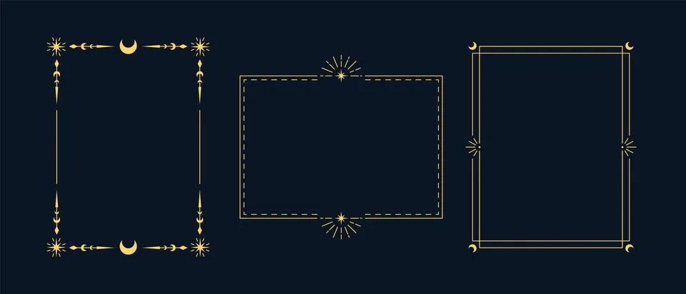 Set of golden linear frames with occult symbols, crescent moon, stars on black Stock Illustration