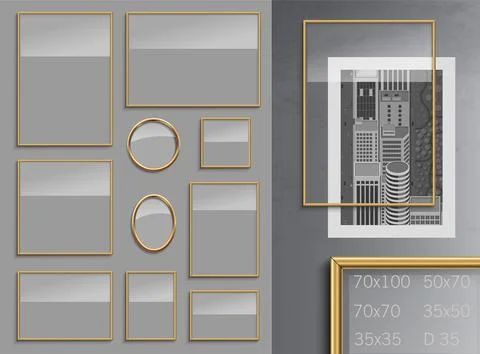 Set of golden metal frames for posters pictures with transparency Stock Illustration
