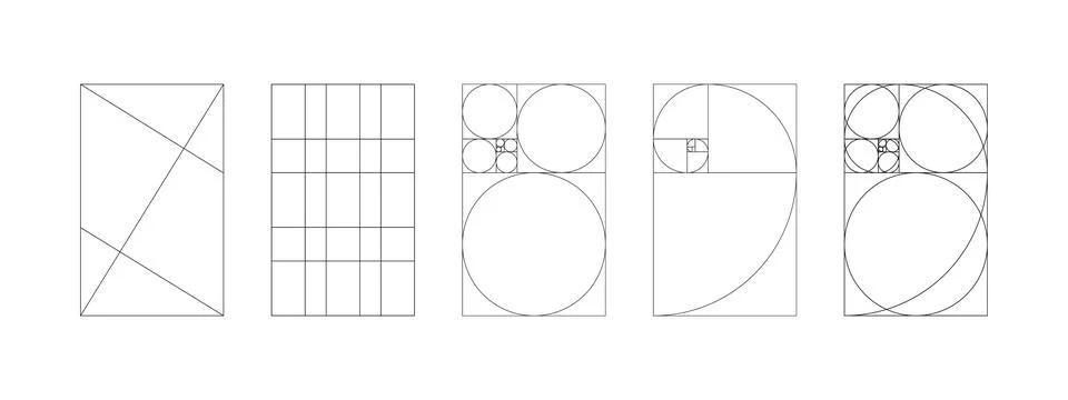 Set of golden ratio patterns. Method golden section mockup. Fibonacci array Stock Illustration