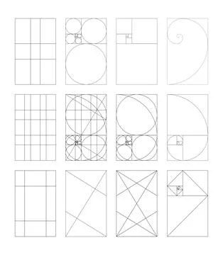 Set of Golden ratio template. Method golden section. Fibonacci array, numbers. Stock Illustration