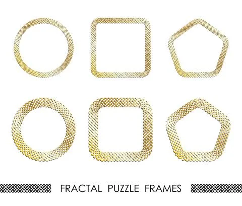 Set of golden round and square abstract geometric fractal PUZZLE frames for d Stock Illustration