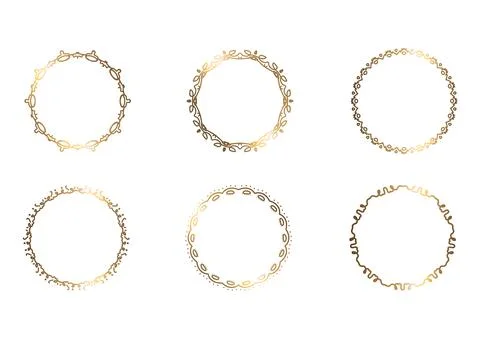 Set of golden round frames. Openwork abstract ornament. Geometric set with gold Stock Illustration