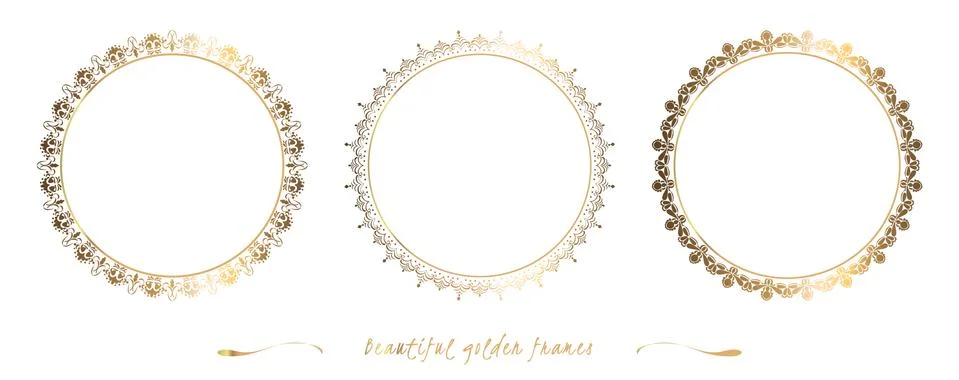 Set golden round frames. On white background. Collection of vector templates. Illustrazione stock