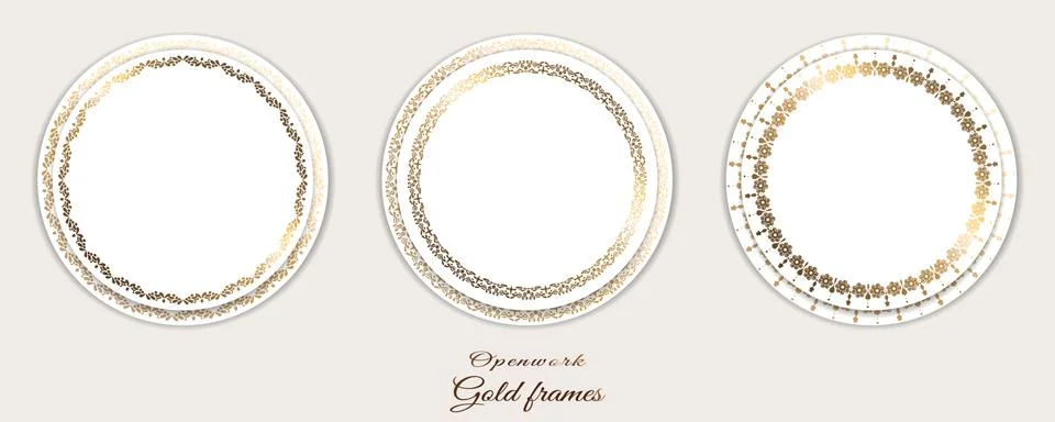 Set golden round frames. On white background. Collection of vector templates. Illustrazione stock
