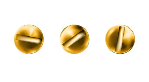 Set golden screws heads, shiny bolt caps. Twisted in surface screw isolated Stock Illustration