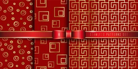 Set of golden seamless pattern on a red background Stock Illustration