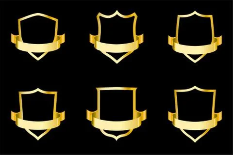 Set of golden shields with ribbon. Vector illustration for design. Stock Illustration