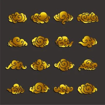 Set of golden silhouette clouds single line stroke vector. Stock Illustration