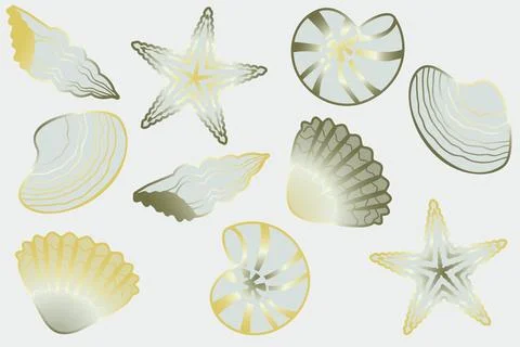 Set of golden-silver seashells and starfishes Stock Illustration