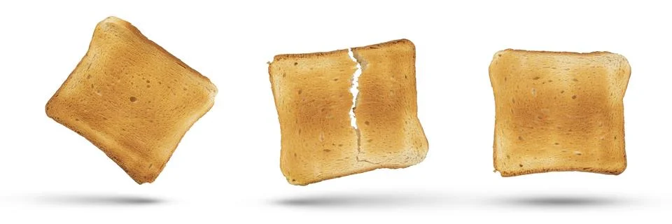 A set of golden slices of bread from a medium rare toaster on a white isolated Stock Photos