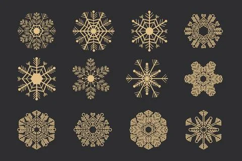 Set Golden snowflake crystal elegant line christmas decoration on dark Stock Illustration