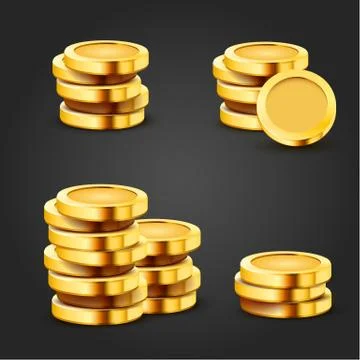 Set of golden stack dollar coins isolated on dark background. Economics concept. Illustrazione stock