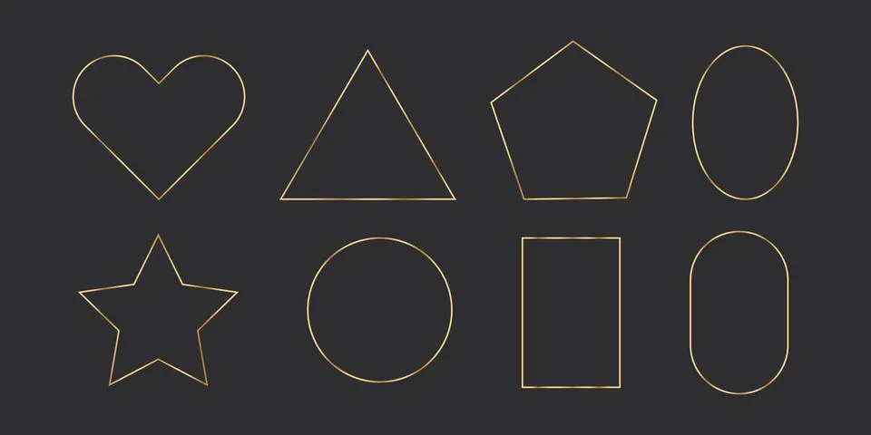 Set golden thin line frames different shapes heart, star, oval on the dark Stock Illustration