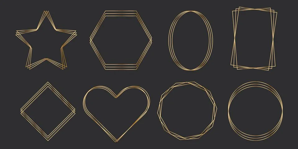 Set golden thin line frames different shapes on the dark background. Perfect 스톡 일러스트