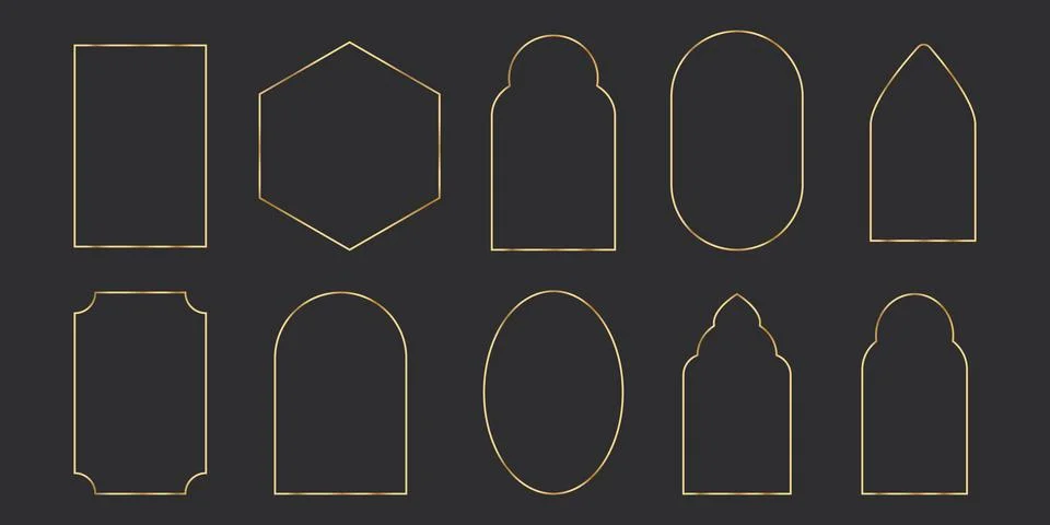 Set golden thin line frames different shapes on the dark background. Perfect Stock Illustration