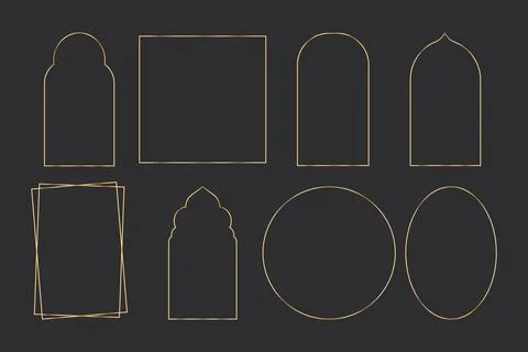 Set golden thin line frames different shapes on the dark background. Perfect 스톡 일러스트