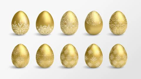 Set of golden vector Easter eggs with white floral decoration 库存插图