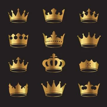 Set of golden vector king crowns and icon on black background. Vector Illustr 스톡 일러스트
