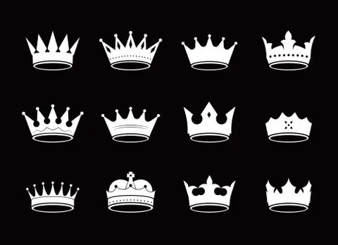 Set of golden vector king crowns and icon on black background. Vector Illustr Illustrazione stock