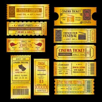 Set of golden vector tickets Stock Illustration