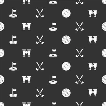 Set Golf ball, Binoculars, hole with flag and Crossed golf club on seamless Stock Illustration