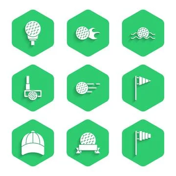 Set Golf ball, flag, Baseball cap, club with, in water and on tee icon. Vector Stock Illustration