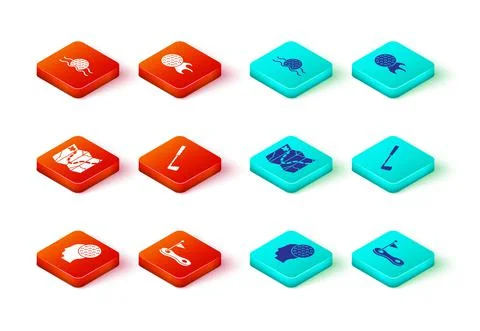 Set Golf ball, hole with flag, course layout, club, and in water icon. Vector Stockillustratie