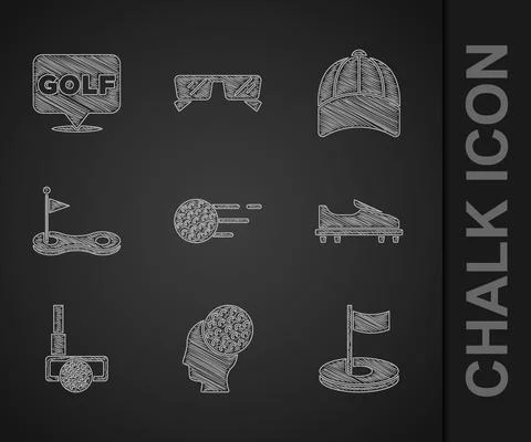 Set Golf ball, hole with flag, shoe, club, Baseball cap and label icon. Vector Stock Illustration