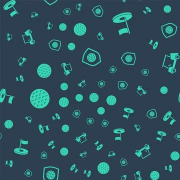 Set Golf ball with shield, hole flag, and car on seamless pattern. Vector Stock Illustration