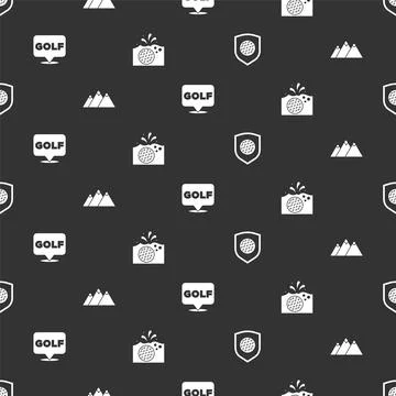 Set Golf ball with shield, Mountains, label and water on seamless pattern 스톡 일러스트