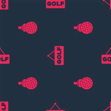 Set Golf ball on tee and label on seamless pattern. Vector Stock Illustration