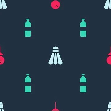 Set Golf ball on tee, Badminton shuttlecock and Bottle of water on seamless Stock Illustration