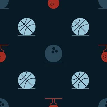 Set Golf ball on tee, Bowling and Basketball on seamless pattern. Vector Stock Illustration