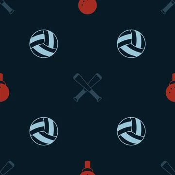 Set Golf ball on tee, Crossed baseball bat and Volleyball on seamless pattern Illustrazione stock