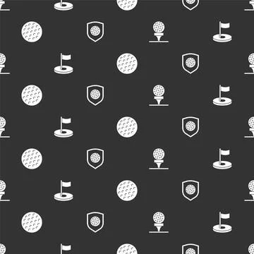 Set Golf ball on tee, hole with flag, and shield on seamless pattern. Vector Stock Illustration