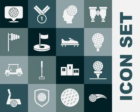 Set Golf ball, on tee, hole with flag, label and shoe icon. Vector Stock Illustration