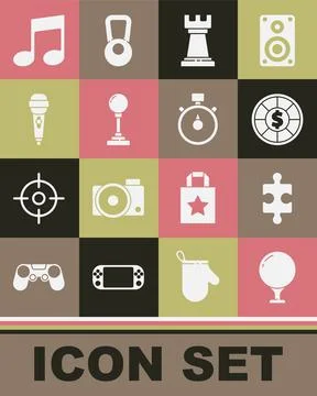 Set Golf ball on tee, Piece of puzzle, Casino chips, Business strategy, Joystick Illustrazione stock
