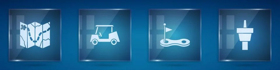 Set Golf course layout, car, hole with flag and tee. Square glass panels. Vector Stock Illustration