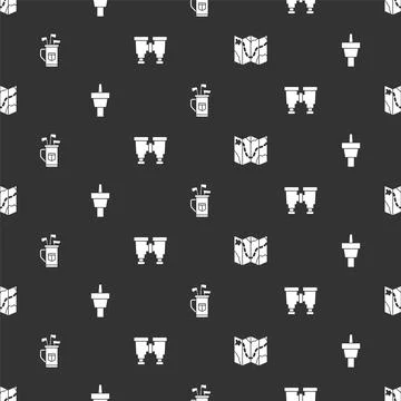 Set Golf course layout, tee, bag with clubs and Binoculars on seamless pattern Stock Illustration