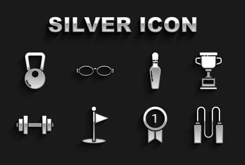 Set Golf flag, Award cup, Jump rope, Medal, Dumbbell, Bowling pin, Kettlebe.. Stock Illustration